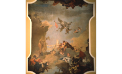 Apoteosi di Angelo Della Vecchia nel segno delle Virtù | Sul soffitto della Sala Giunta campeggia il gioiello artistico di Palazzo Isimbardi: un "plafond" su tela di Giovanbattista Tiepolo, famosissimo pittore veneziano del XVIII Secolo, acquistato nel 1954 dalla Provincia di Milano in una galleria d’arte di Ginevra e sapientemente restaurato. Il telero misura 6 metri per 8 e rappresenta in modo scenografico, con la tecnica del "trompe l’oeil", l’assunzione del celebrato al cielo degli Eroi. Le figure, apparentemente di grandezza naturale, sono in realtà di poche decine di centimetri e costituiscono la rappresentazione allegorica della virtù e del vizio nelle diverse forme che assume la contrapposizione e nei diversi significati cui rimanda: luce/tenebre, verità/menzogna, sapienza/ignoranza, mansuetudine/bestialità. Un gruppo allegorico raffigura le scienze e le arti:sono riconoscibili la pittura, la musica, l’astronomia e la letteratura.